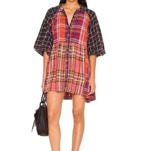 Free People Moon Bay Mixed Plaid Top Tunic Puff Sleeve, Collared Size Small Boho
